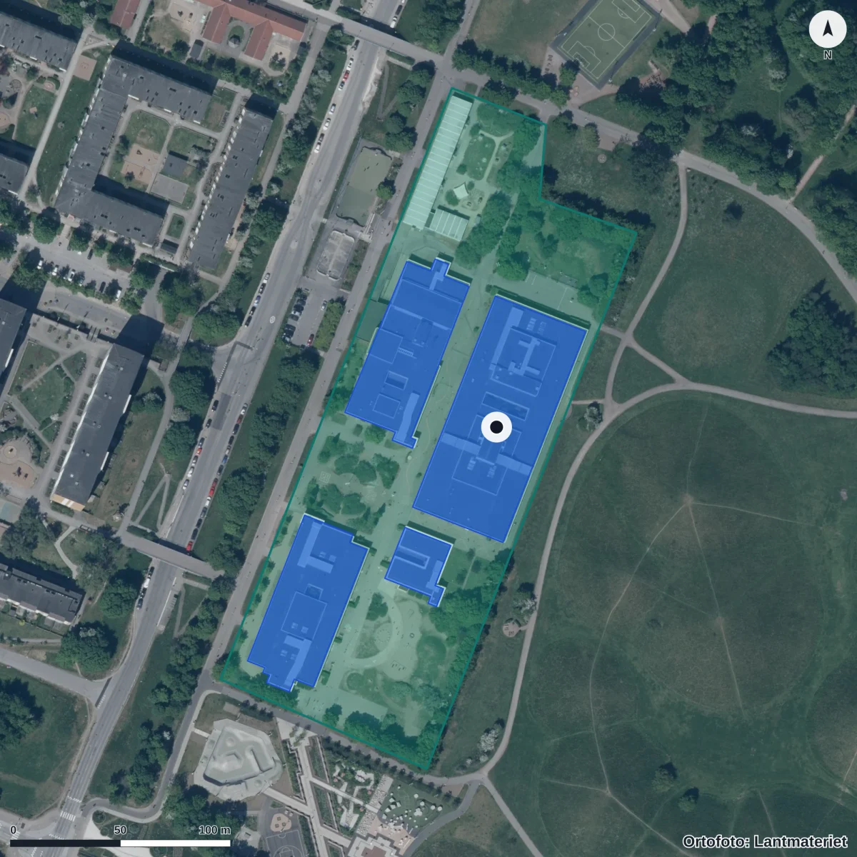 Flygbild över Kullabäckens Förskola, ortofoto från Lantmäteriet