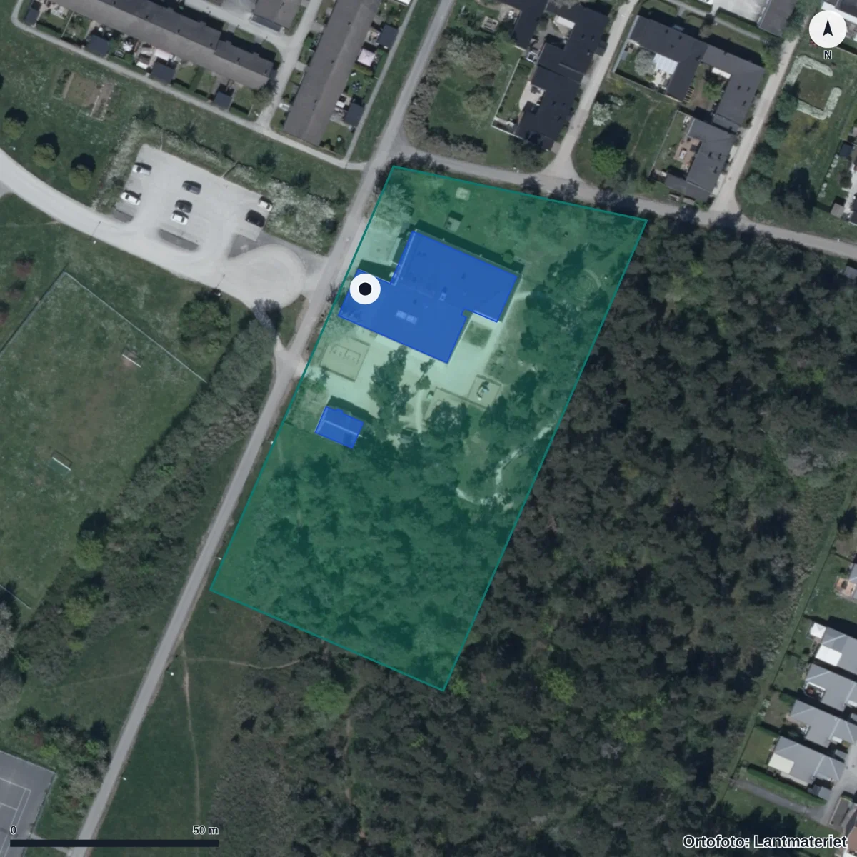 Flygbild över Klubbsvampen Förskola, ortofoto från Lantmäteriet