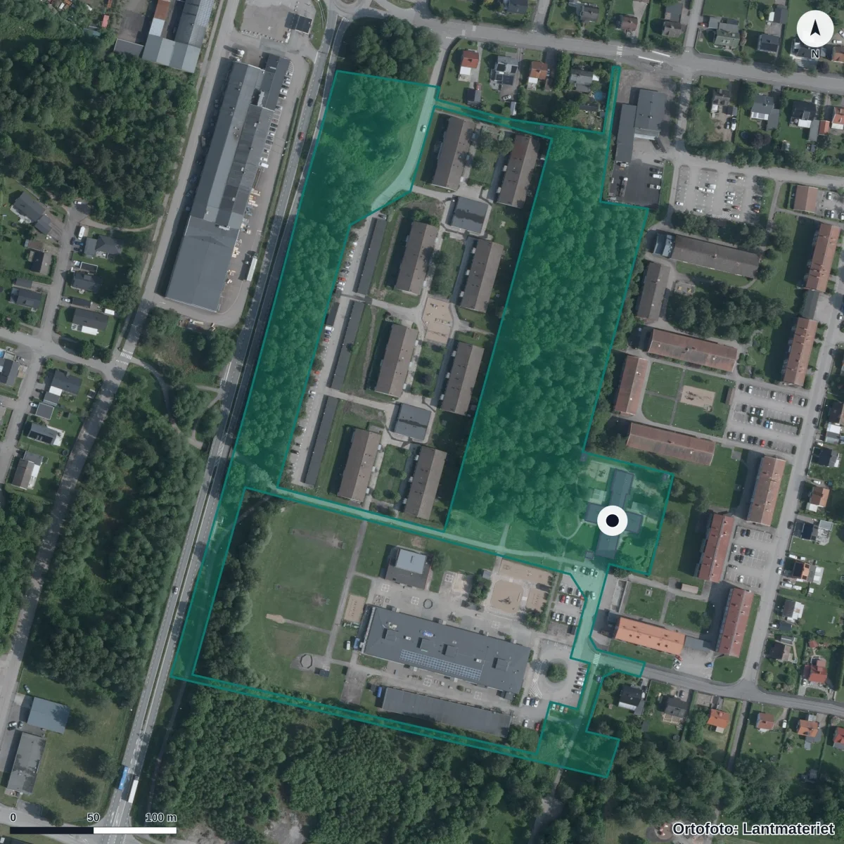 Flygbild över Oskarströms Förskola, ortofoto från Lantmäteriet