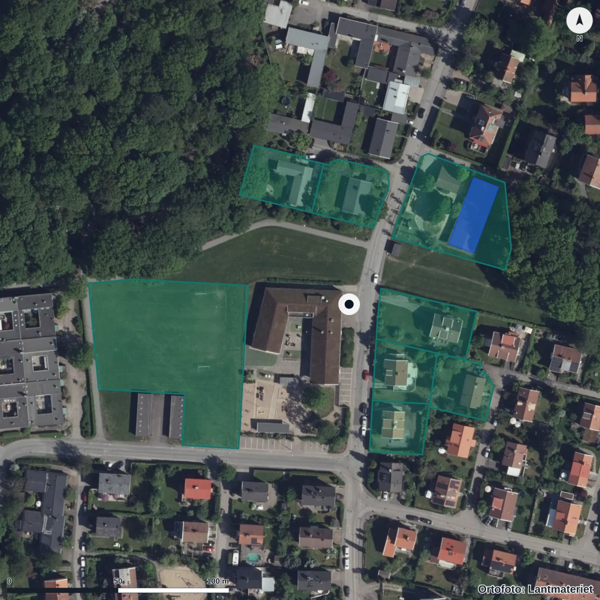 Flygbild över Skillnadsgatan 41 Förskola, ortofoto från Lantmäteriet