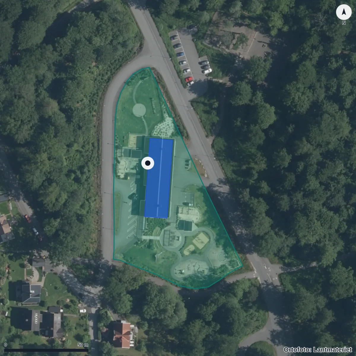 Flygbild över Stadsparkens Förskola, ortofoto från Lantmäteriet