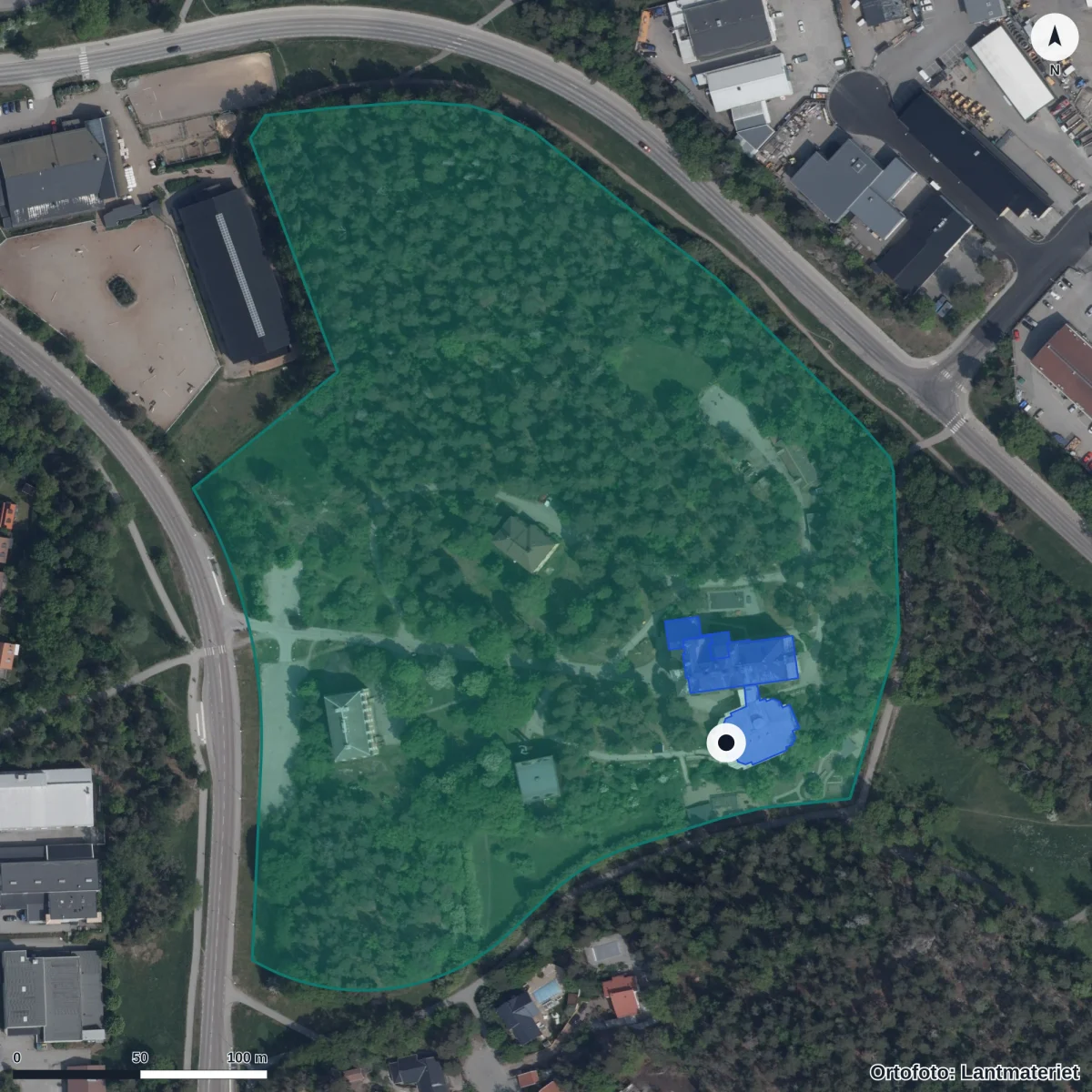 Flygbild över Stockby Förskola, ortofoto från Lantmäteriet