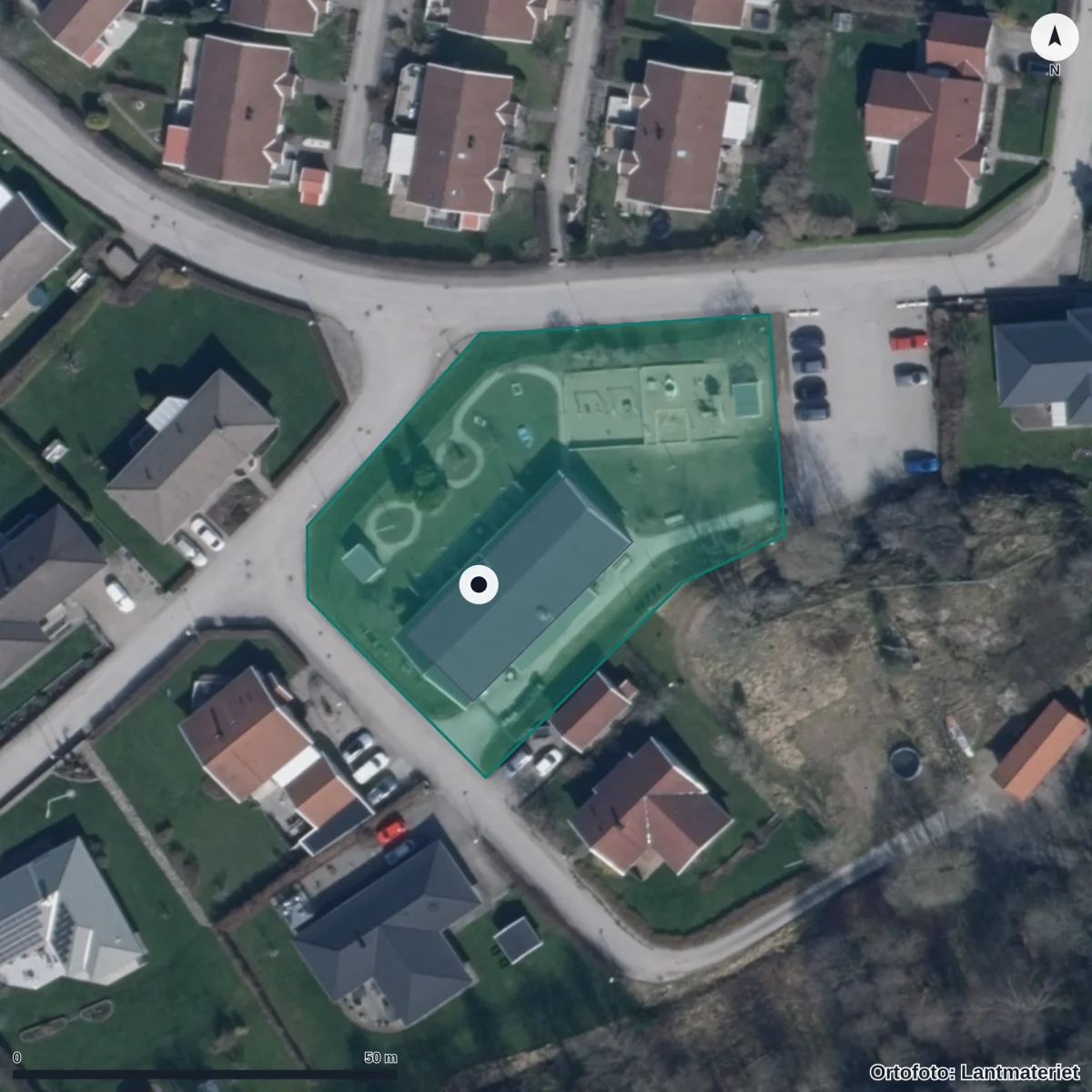 Flygbild över Misteröds Förskola, ortofoto från Lantmäteriet