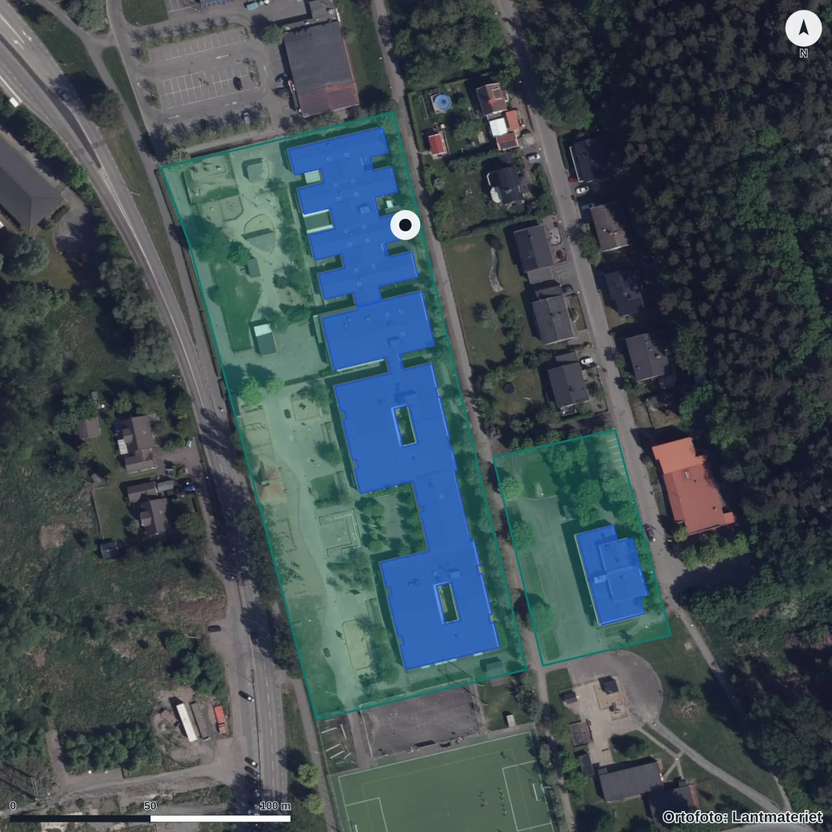 Flygbild över Rävekärrs Förskola, ortofoto från Lantmäteriet
