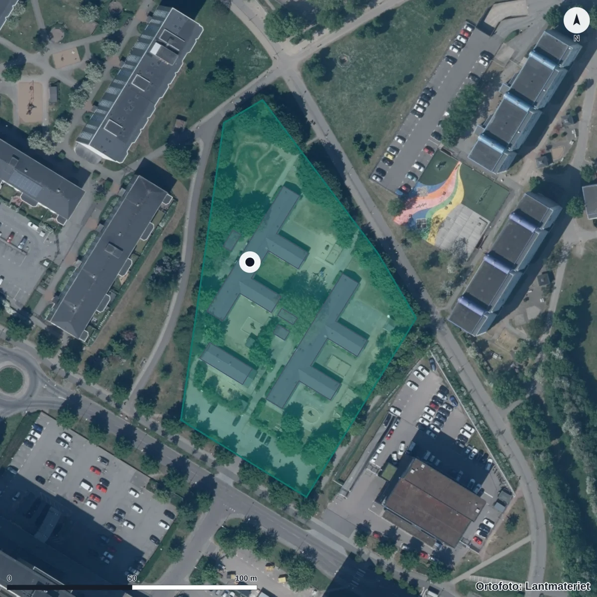 Flygbild över Kryddgårdens Förskola, ortofoto från Lantmäteriet