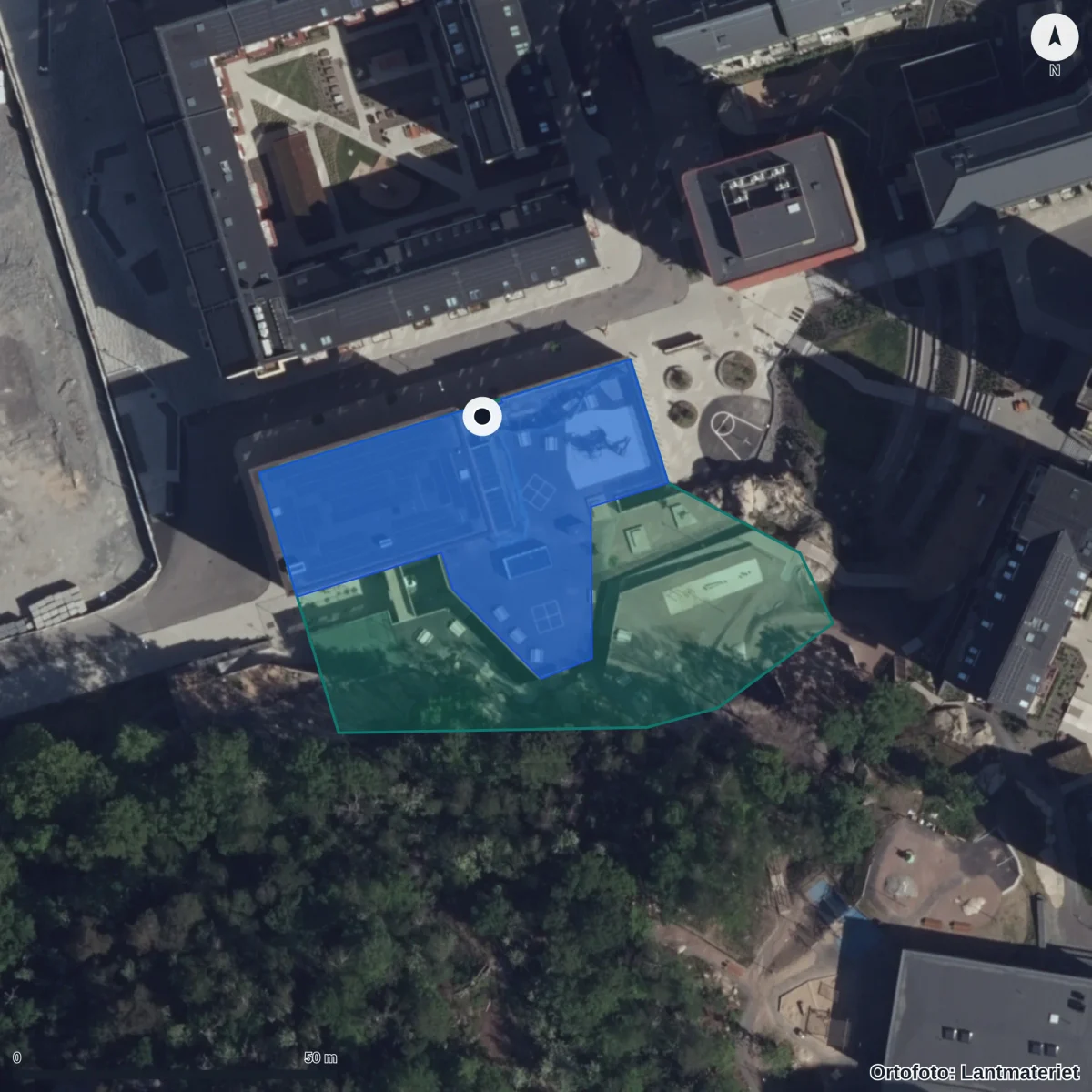 Flygbild över Frida Förskola, ortofoto från Lantmäteriet