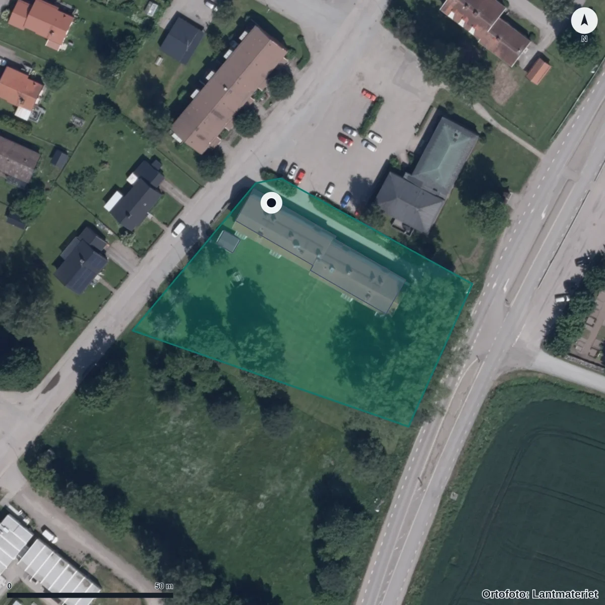 Flygbild över Kyrkbyns Förskola, ortofoto från Lantmäteriet