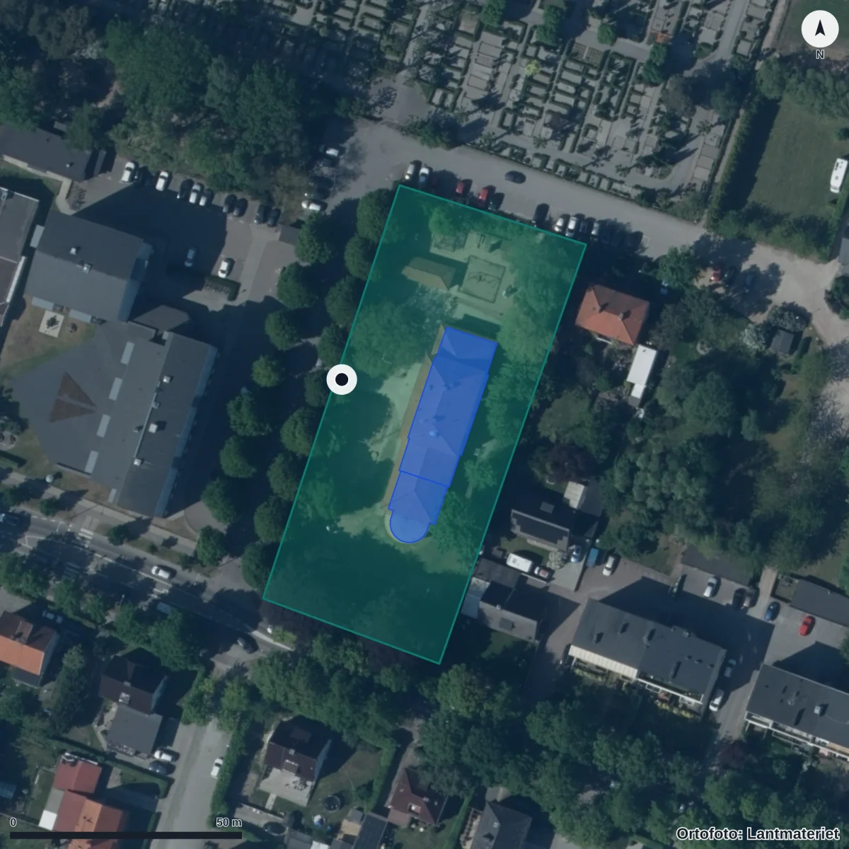Flygbild över Ajgeldingerska Förskola, ortofoto från Lantmäteriet
