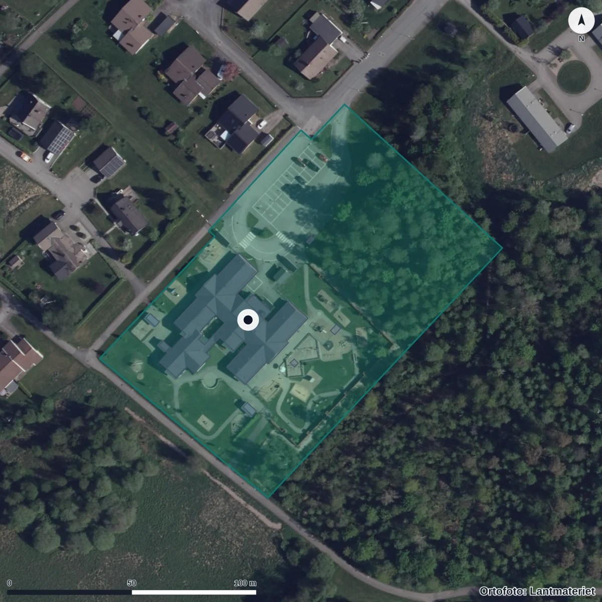 Flygbild över Sörgårdens Förskola, ortofoto från Lantmäteriet