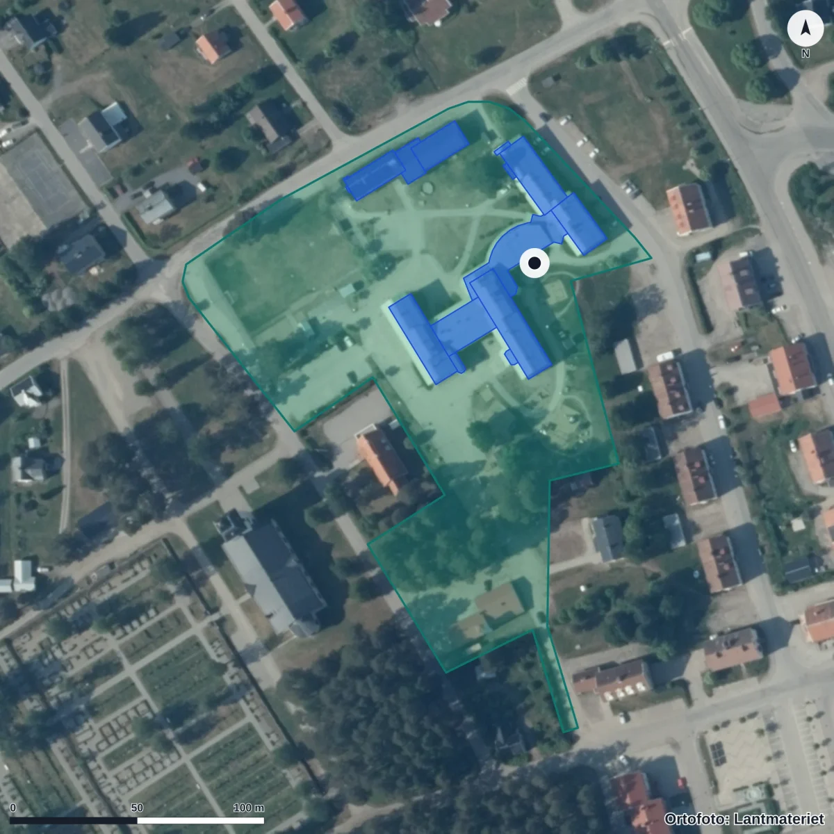 Flygbild över Ramsele Förskola, ortofoto från Lantmäteriet