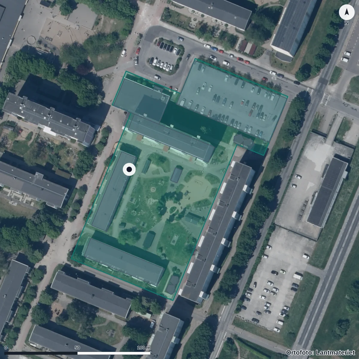 Flygbild över Hyacintens Förskola, ortofoto från Lantmäteriet