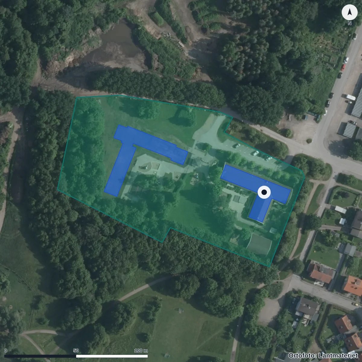 Flygbild över Kimbogårdens Förskola, ortofoto från Lantmäteriet