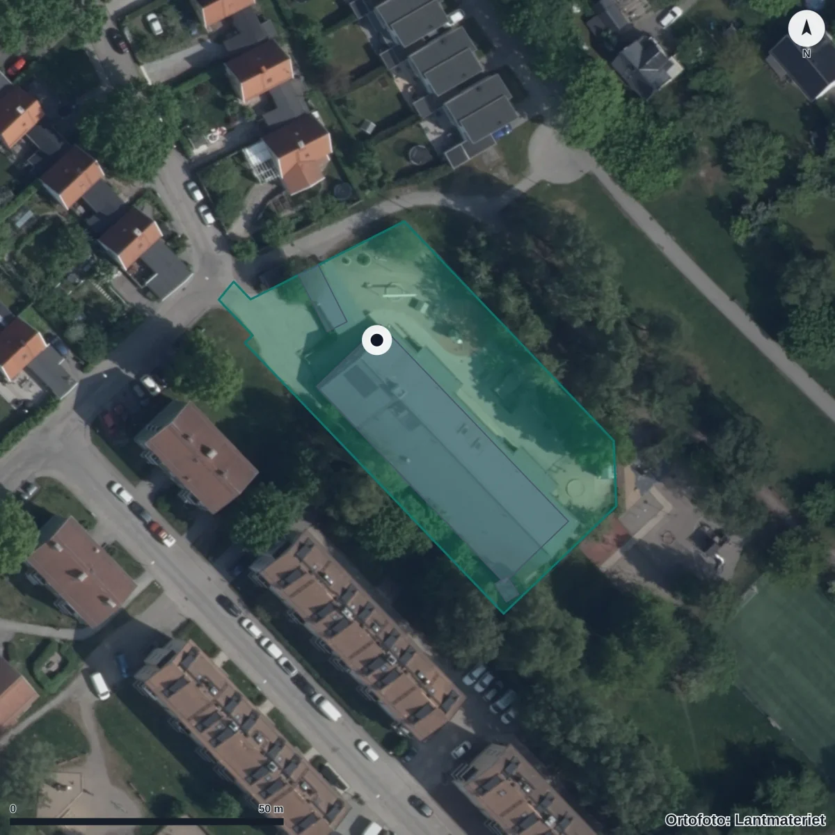 Flygbild över Förskolan Äppelängen, ortofoto från Lantmäteriet