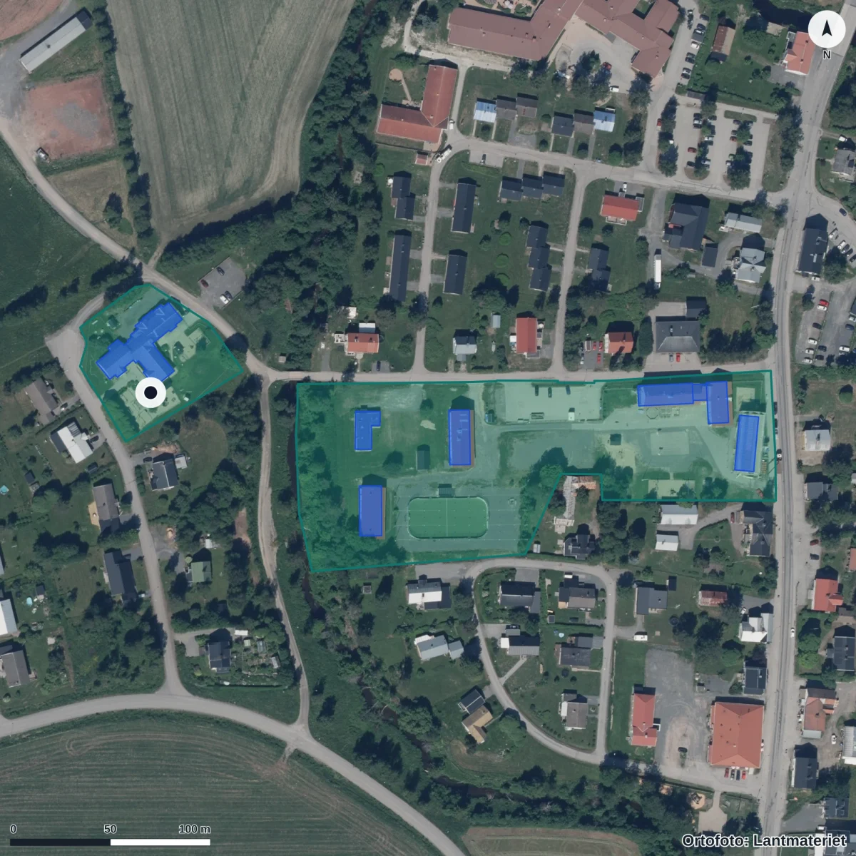 Flygbild över Ullångers Förskola, ortofoto från Lantmäteriet