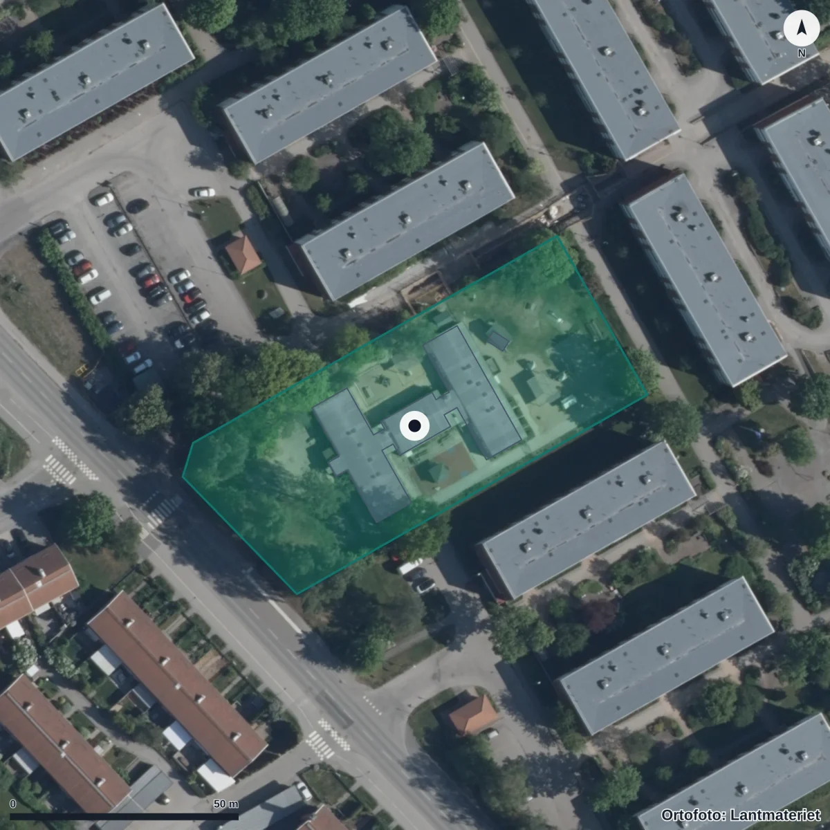Flygbild över Bagarbyvägens Förskola, ortofoto från Lantmäteriet
