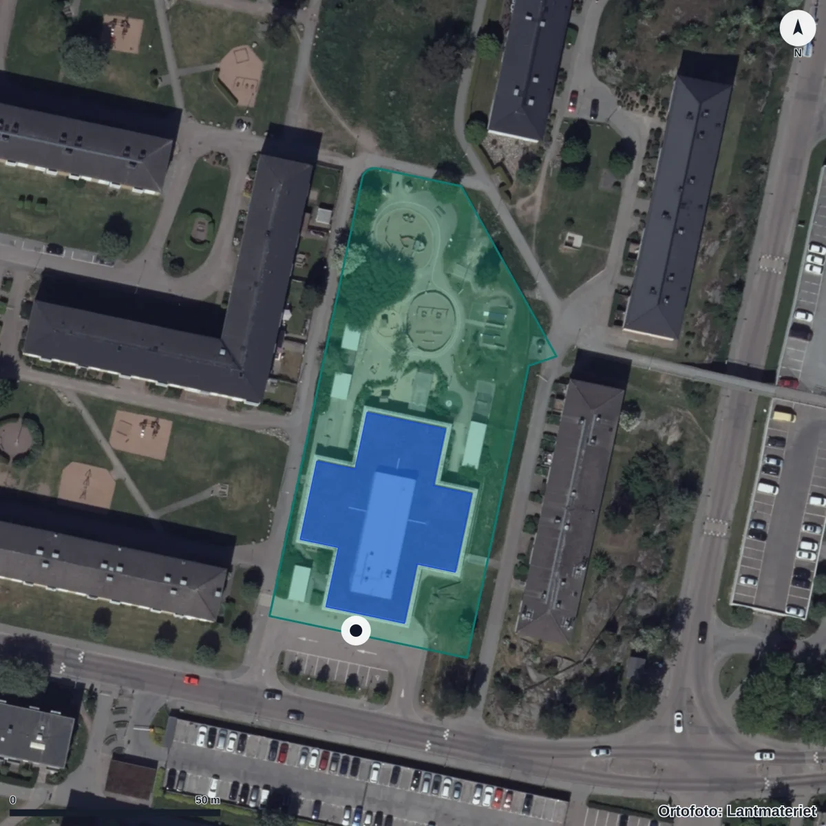 Flygbild över Temperaturgatan 7 Förskola, ortofoto från Lantmäteriet