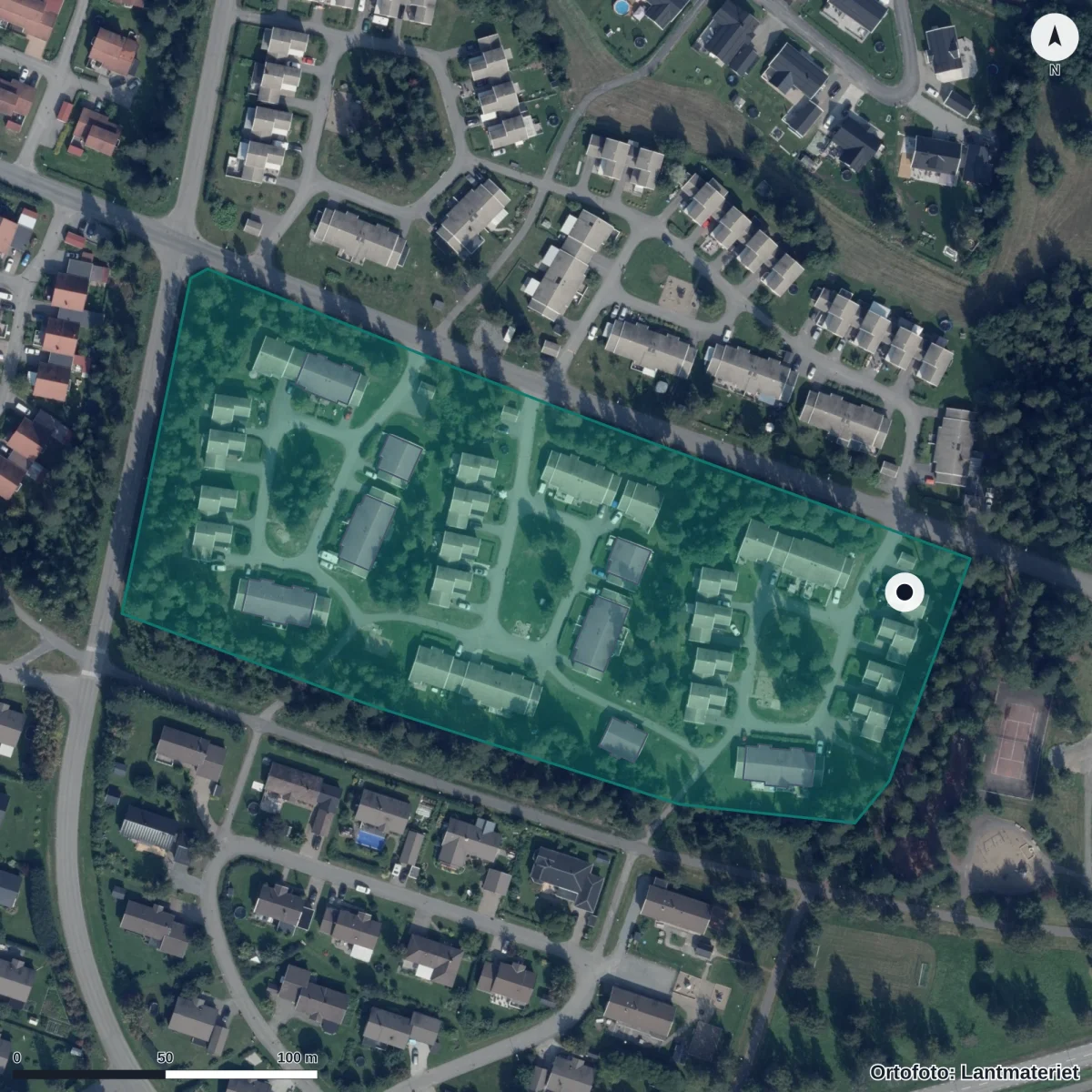 Flygbild över Solens Förskola., ortofoto från Lantmäteriet