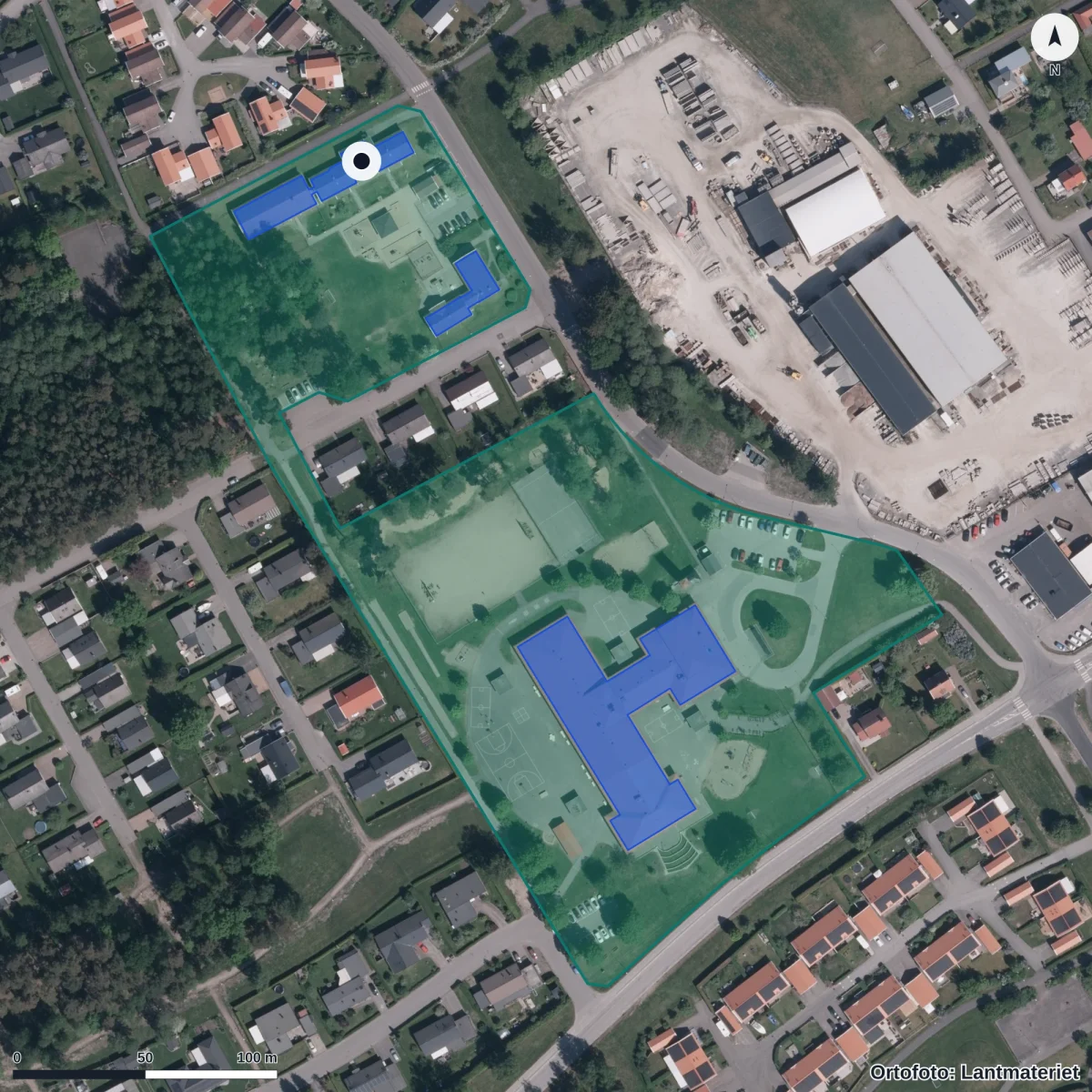 Flygbild över Vinninga Förskola, ortofoto från Lantmäteriet
