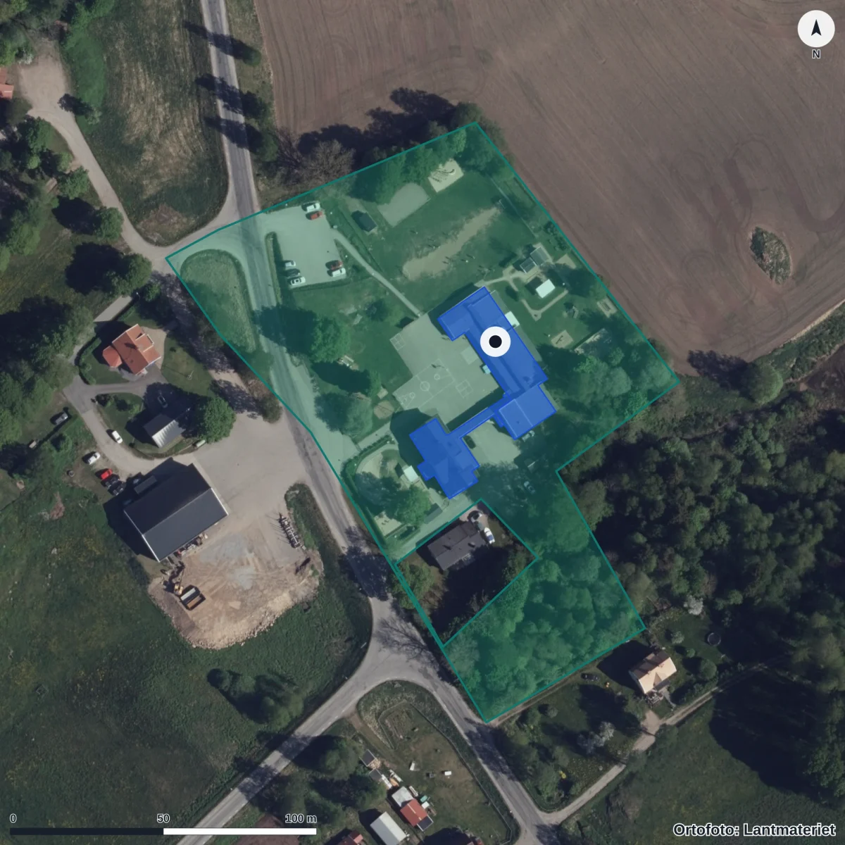 Flygbild över Ods Förskola, ortofoto från Lantmäteriet