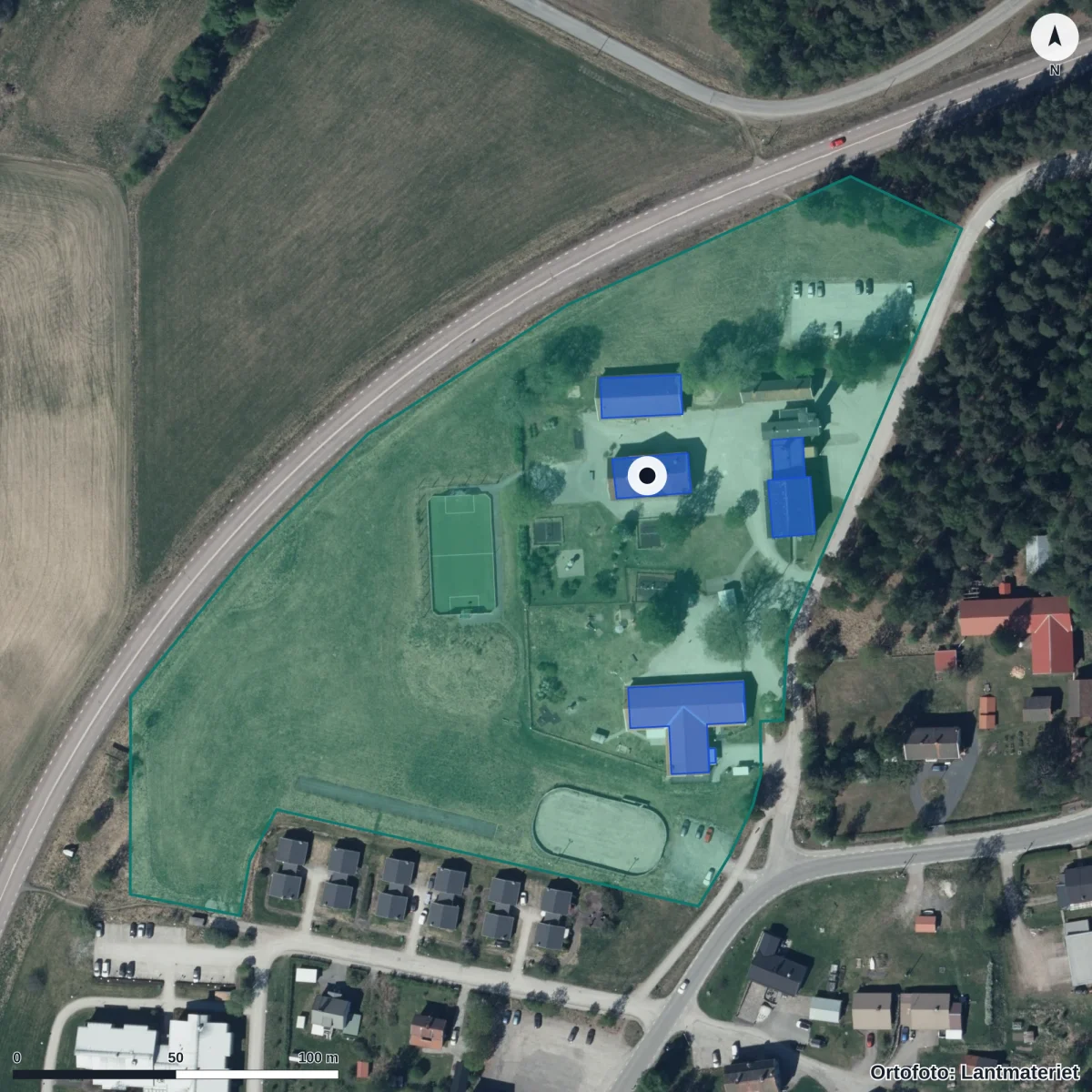 Flygbild över Sunnansjö Förskola, ortofoto från Lantmäteriet