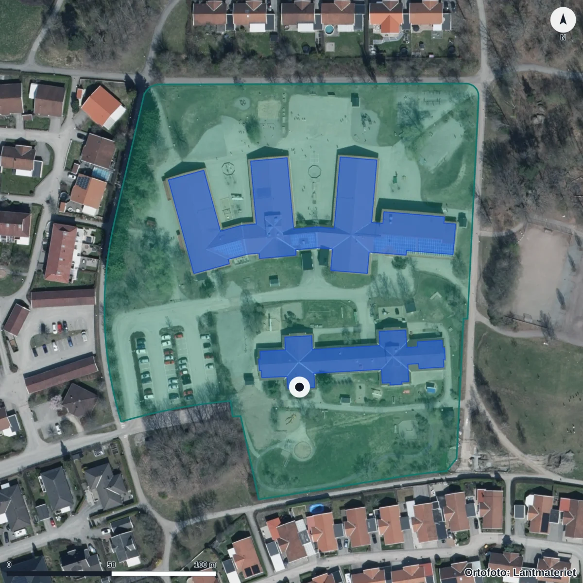 Flygbild över Smålands Förskola, ortofoto från Lantmäteriet