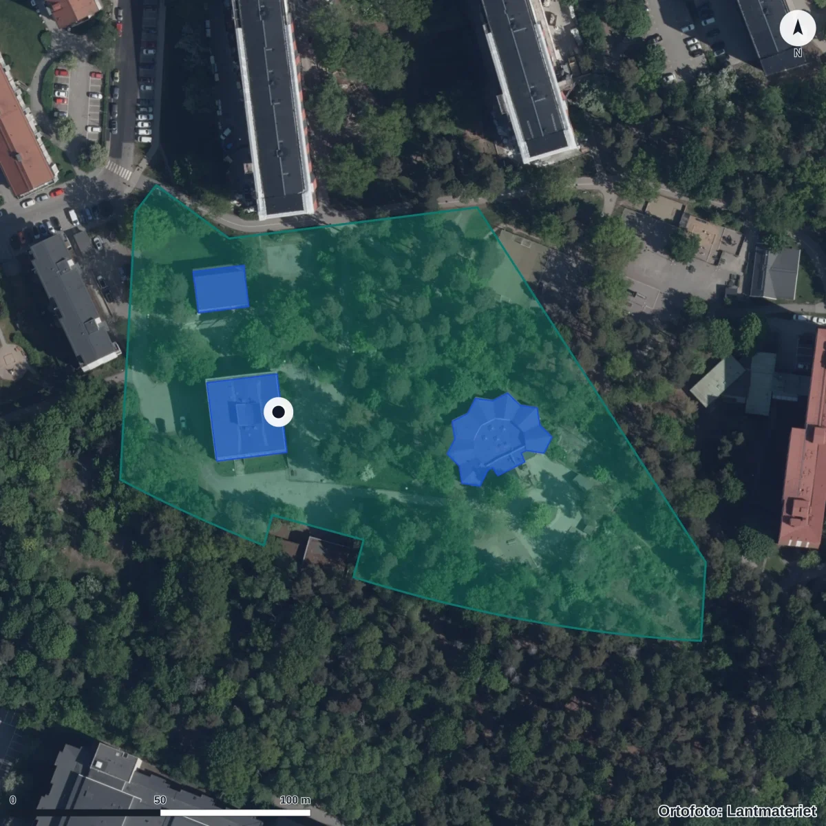 Flygbild över Ängkärrs Förskola, ortofoto från Lantmäteriet