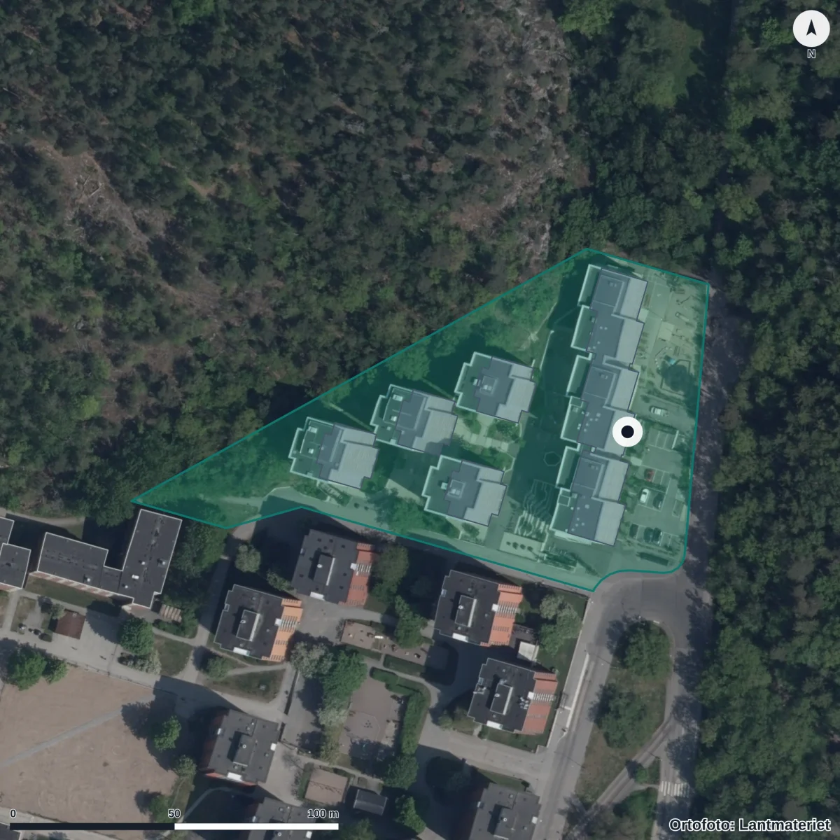 Flygbild över Förskolan Forskaren, ortofoto från Lantmäteriet