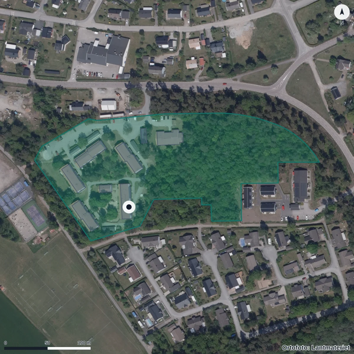 Flygbild över Jämjö Förskola Tallet, ortofoto från Lantmäteriet