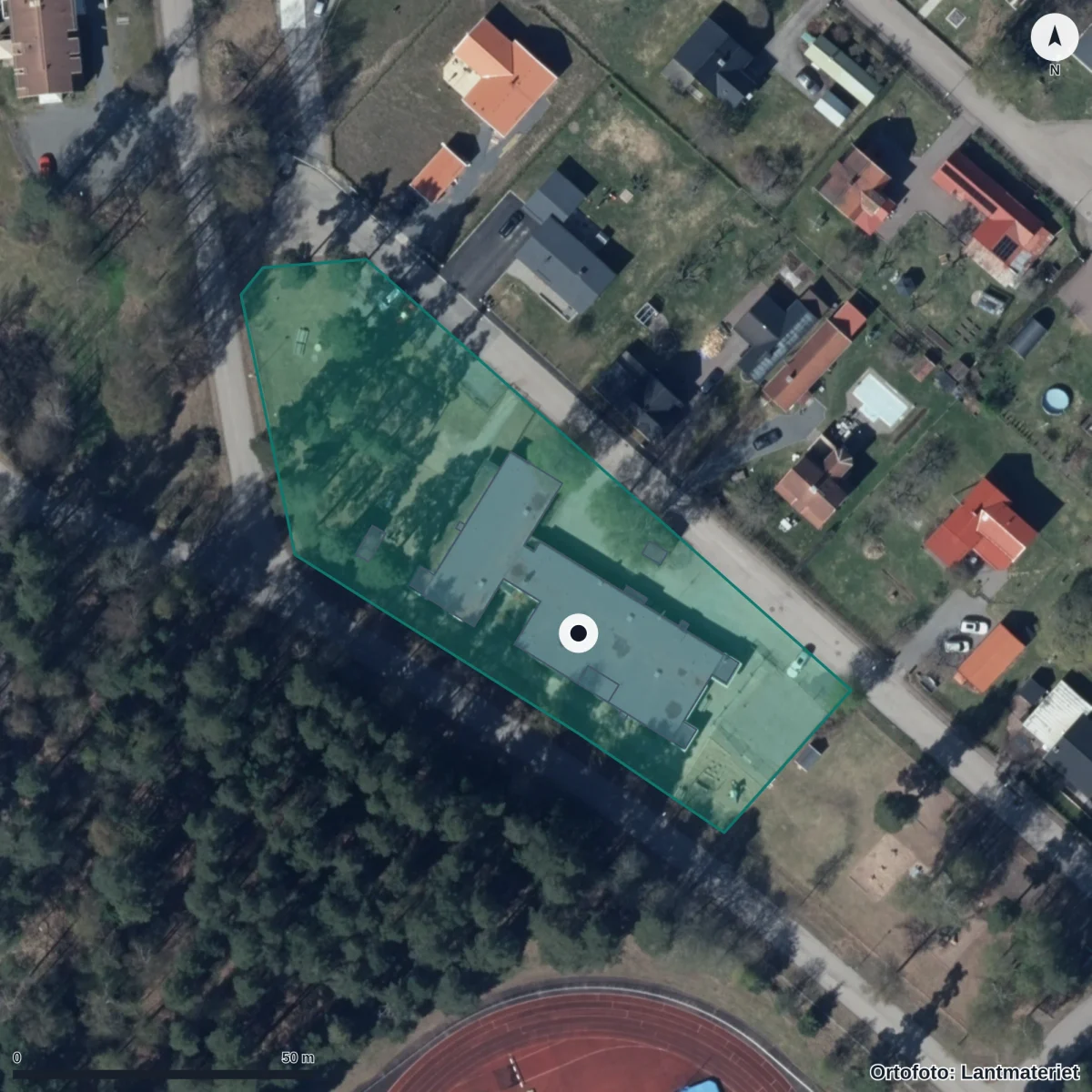 Flygbild över Furulundsgården, ortofoto från Lantmäteriet