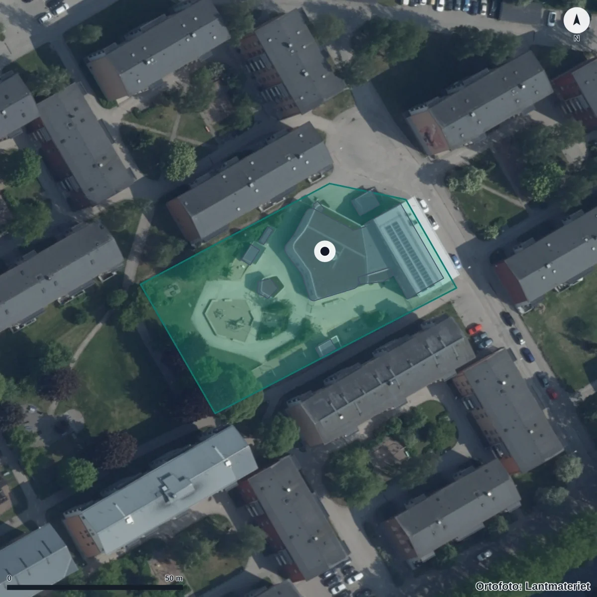 Flygbild över Östers Förskola, ortofoto från Lantmäteriet