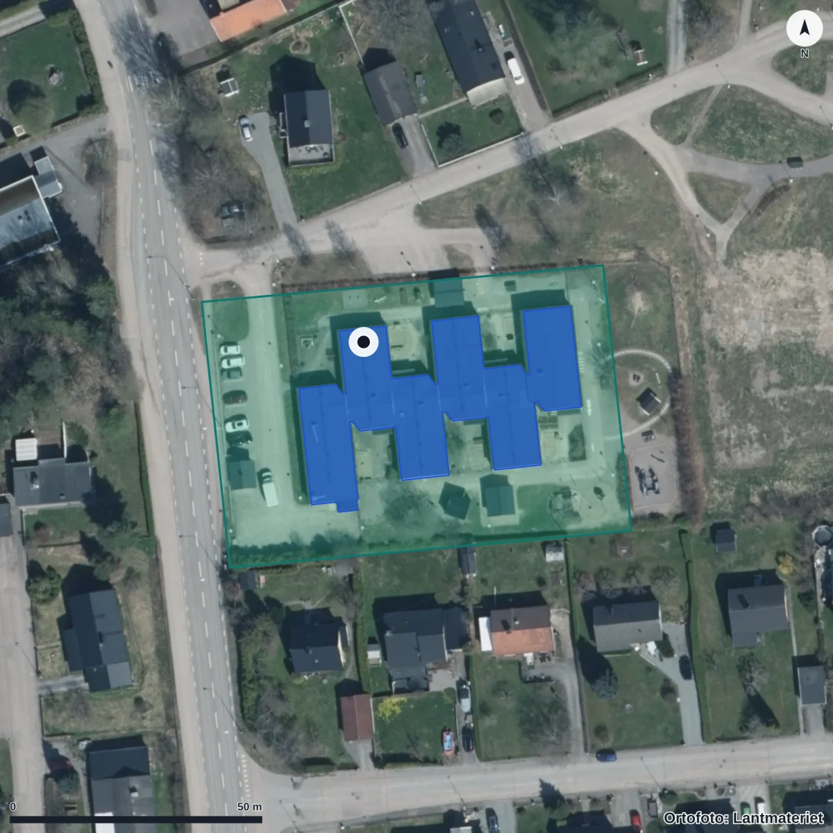 Flygbild över Skogsgårdens Förskola, ortofoto från Lantmäteriet