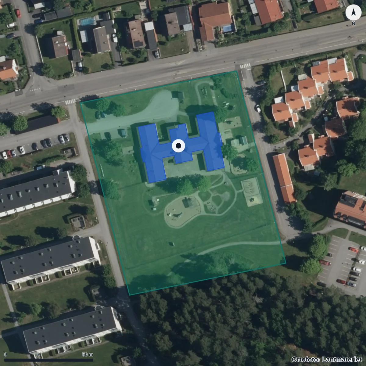 Flygbild över Kullborgs Förskola, ortofoto från Lantmäteriet