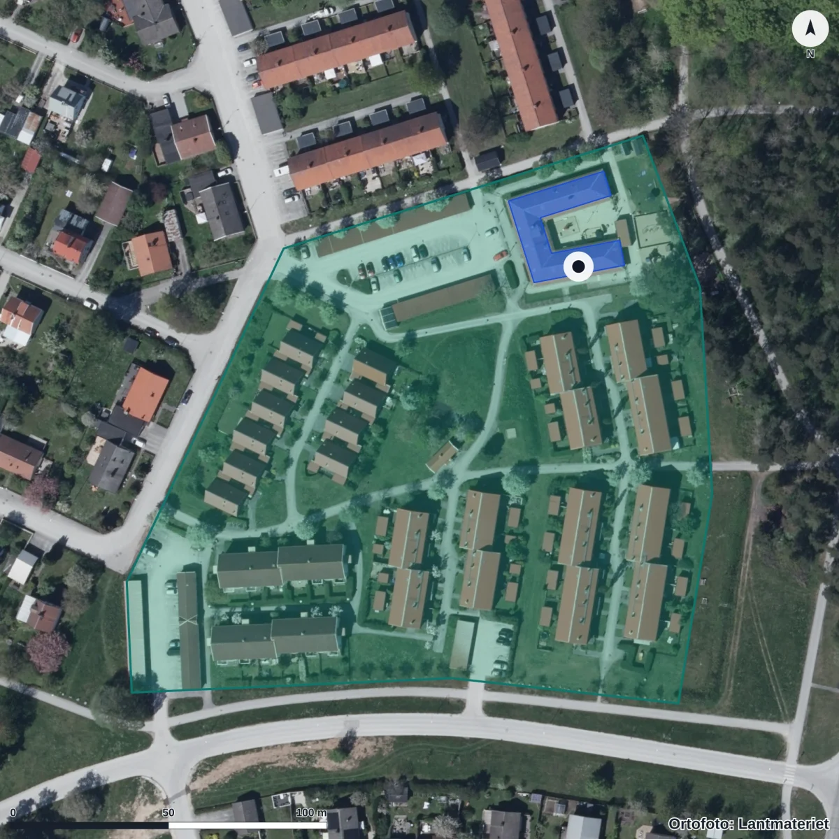 Flygbild över Myran Förskola, ortofoto från Lantmäteriet