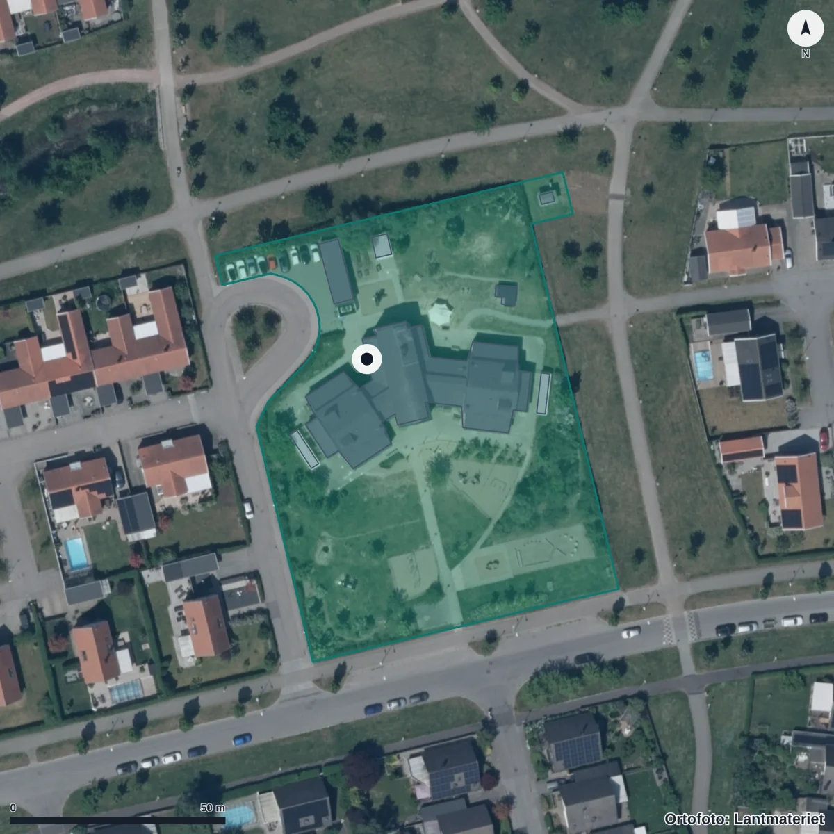 Flygbild över Korrebäckens Förskola, ortofoto från Lantmäteriet