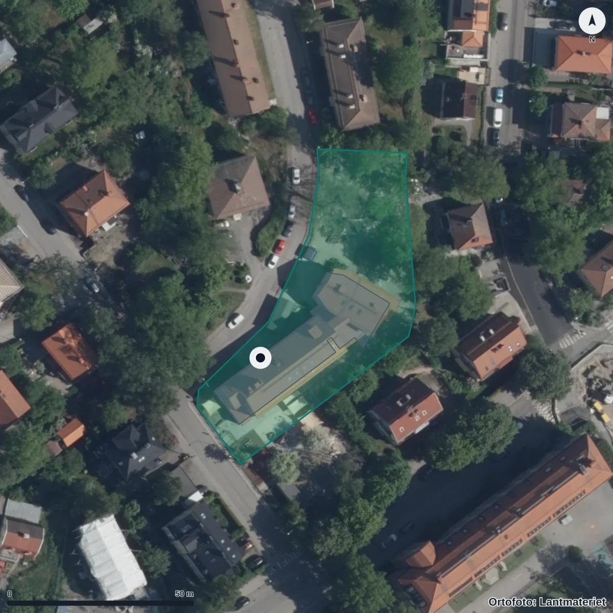 Flygbild över Råsundagårdens Förskola, ortofoto från Lantmäteriet
