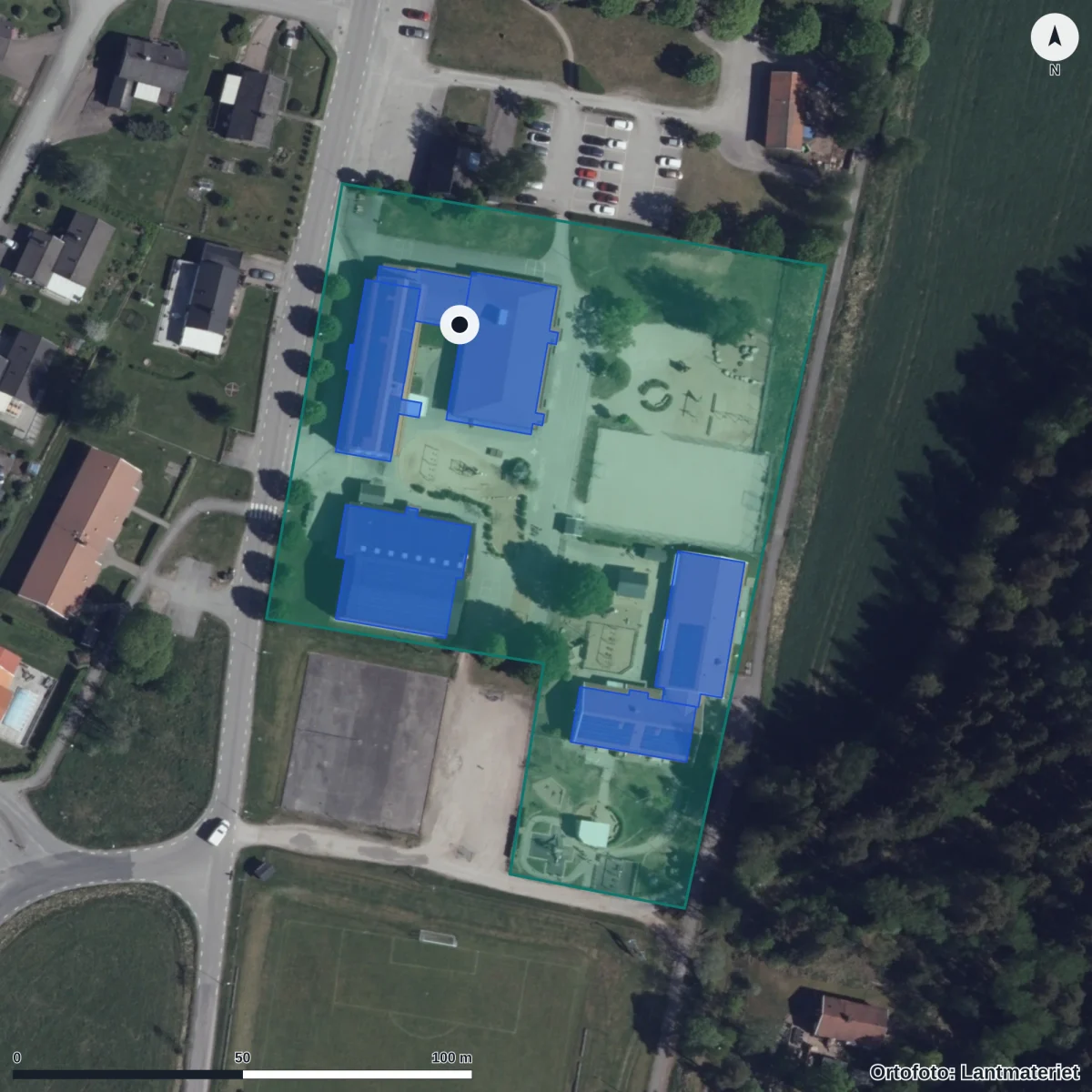 Flygbild över Sexdrega Förskola, ortofoto från Lantmäteriet