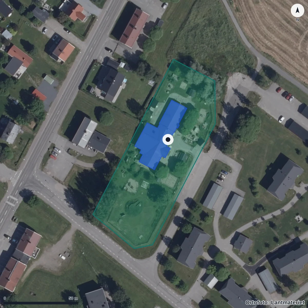 Flygbild över Ängens Förskola, ortofoto från Lantmäteriet
