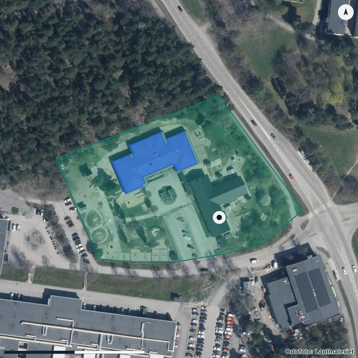 Flygbild över Krongatans Förskola, ortofoto från Lantmäteriet