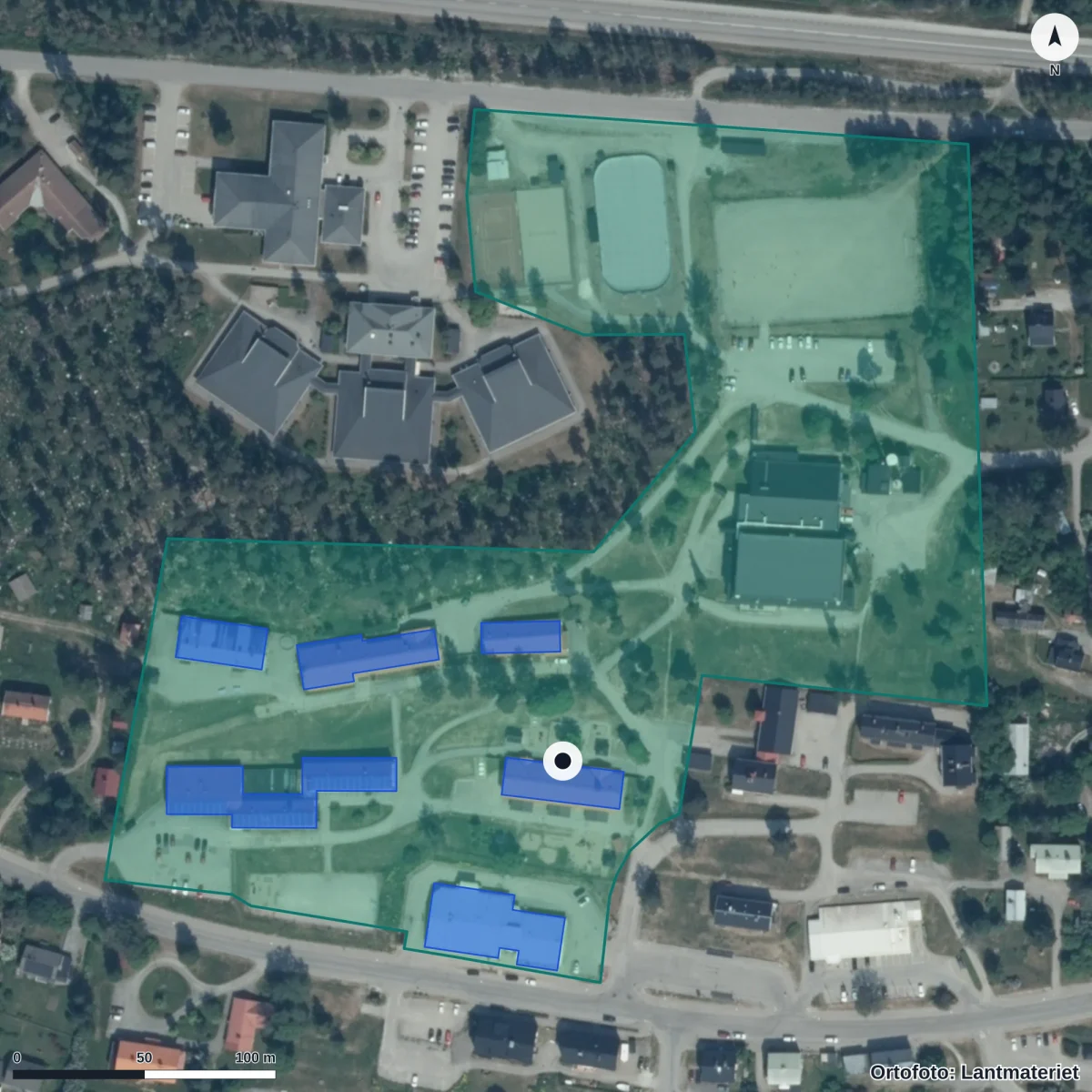 Flygbild över Förskolan Sörgården, ortofoto från Lantmäteriet