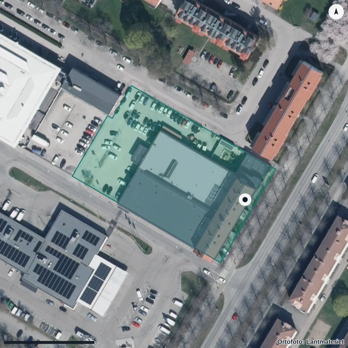 Flygbild över Västergatans Förskola, ortofoto från Lantmäteriet