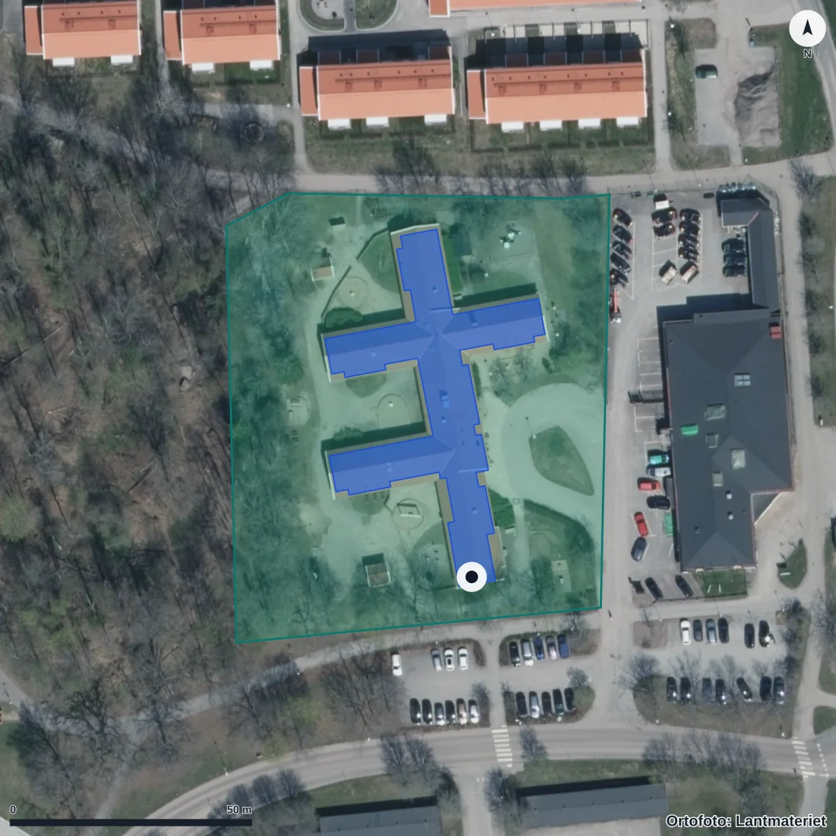 Flygbild över Rådjurets Förskola, ortofoto från Lantmäteriet