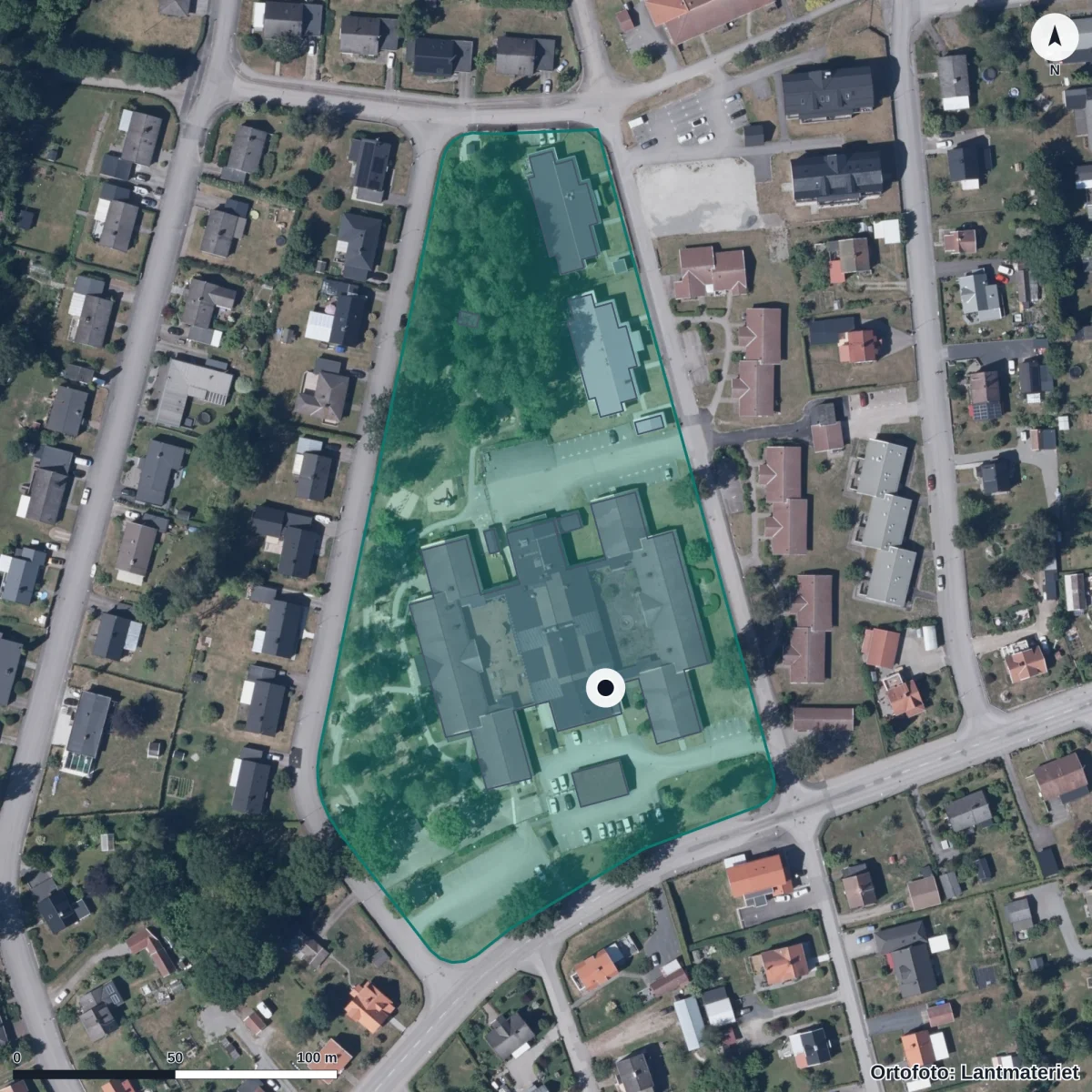 Flygbild över Älvans Förskola, ortofoto från Lantmäteriet