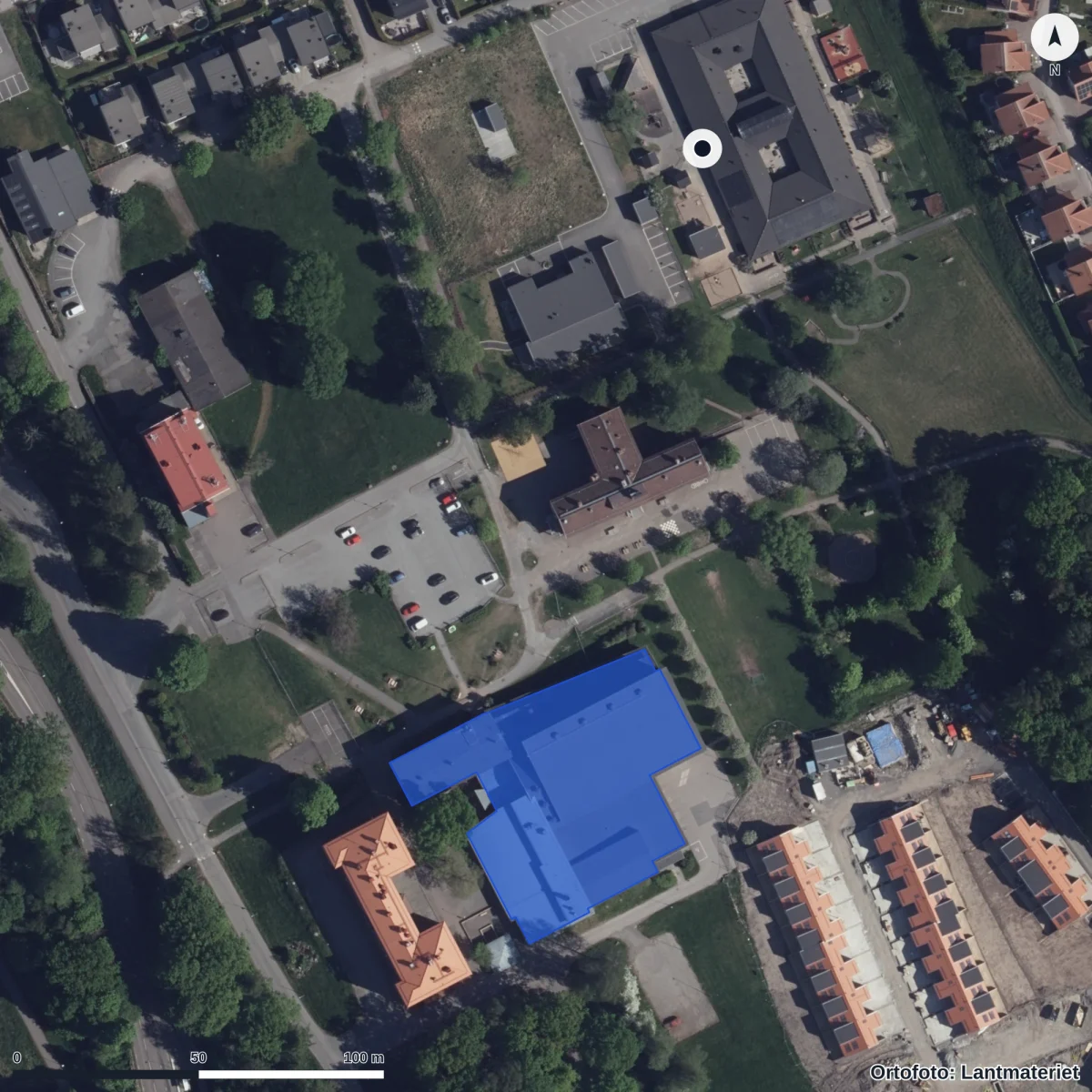 Flygbild över Stretereds Förskola, ortofoto från Lantmäteriet