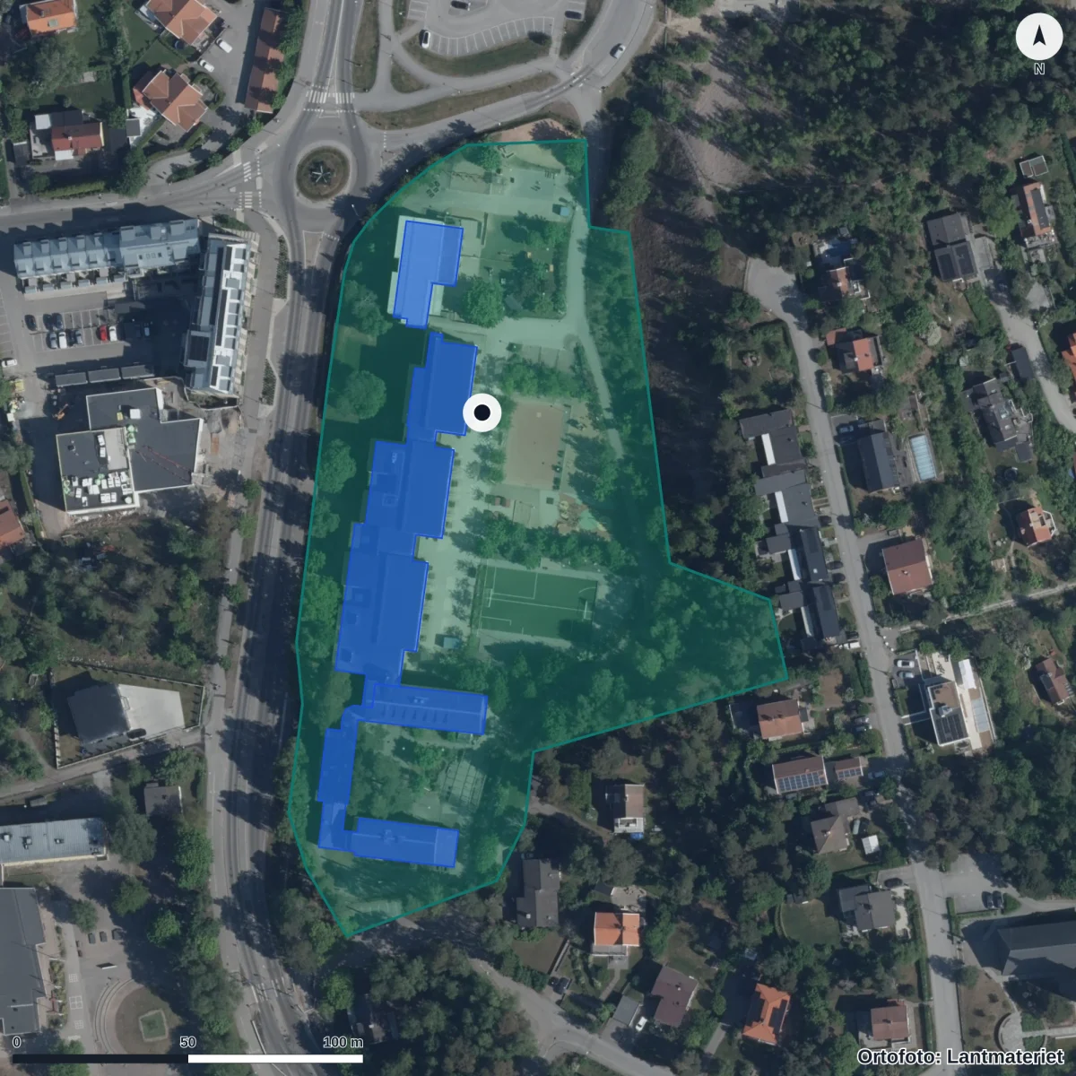 Flygbild över Sofielunds Förskola, ortofoto från Lantmäteriet