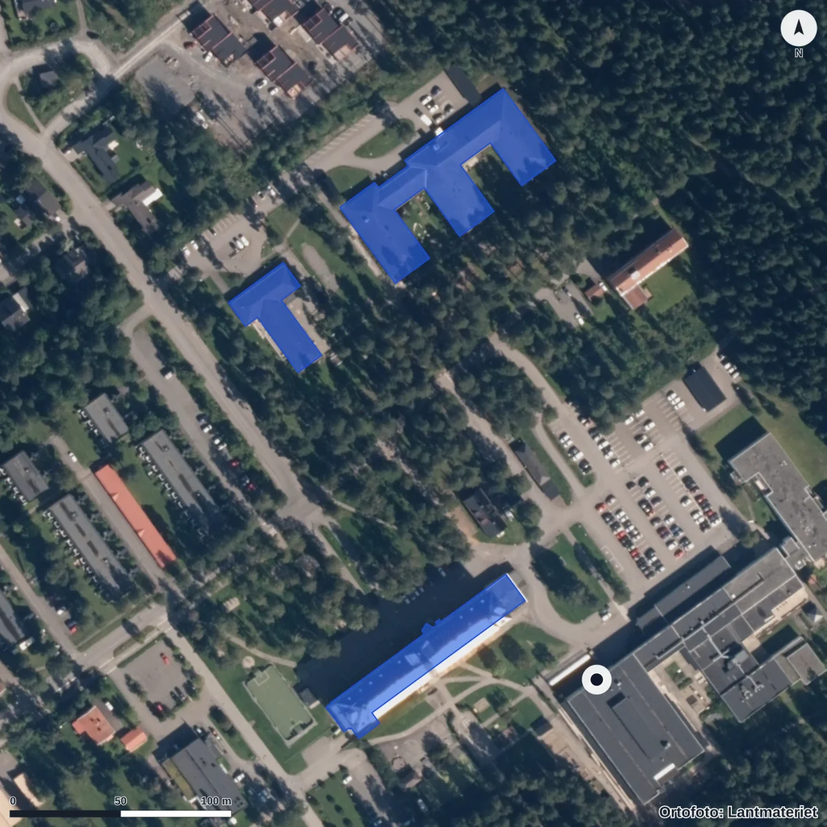 Flygbild över Sollidens Förskola, ortofoto från Lantmäteriet