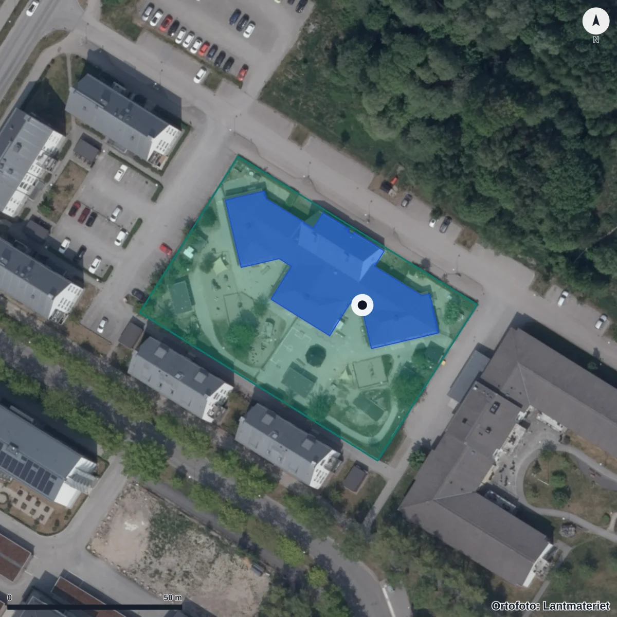 Flygbild över Korvettens Förskola, ortofoto från Lantmäteriet