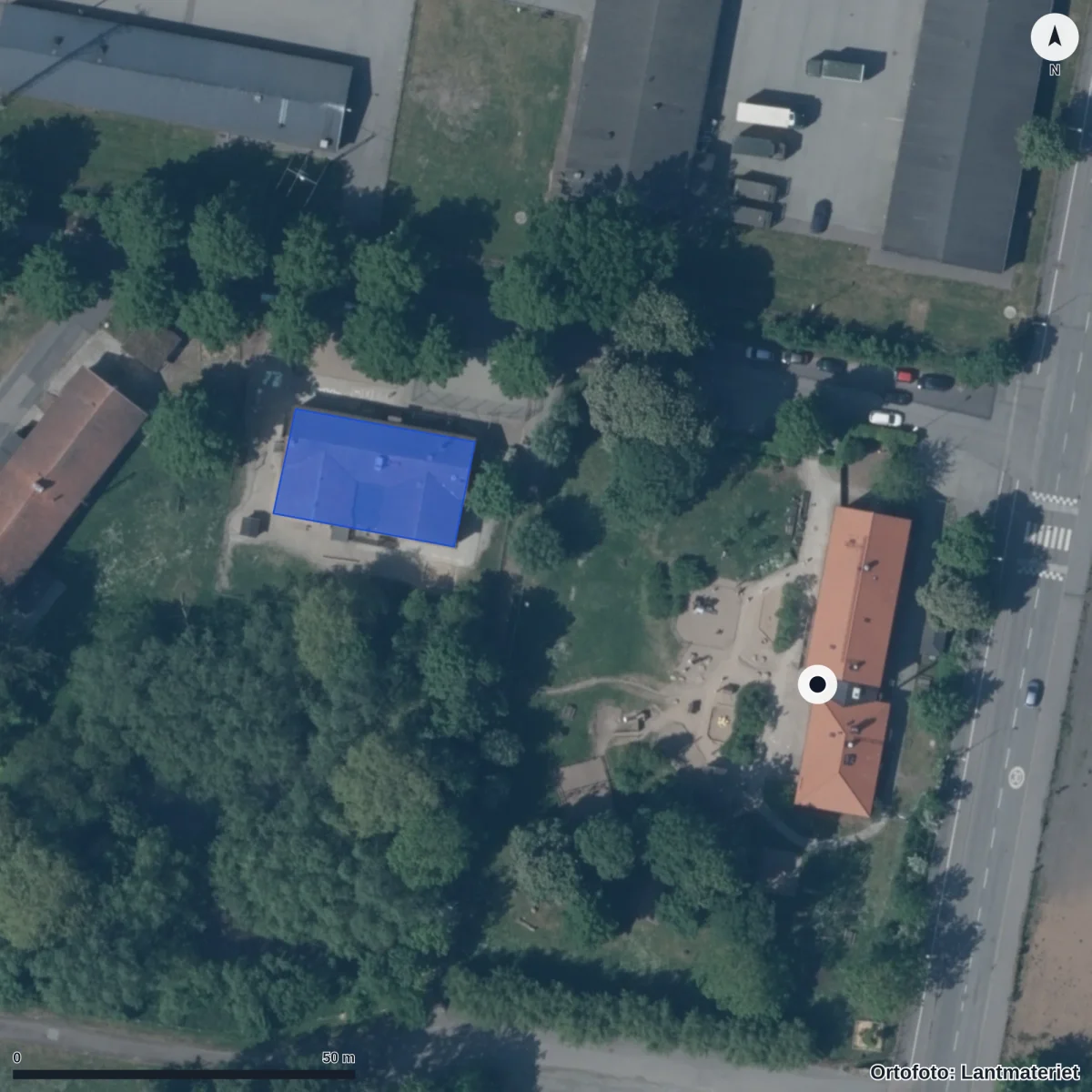 Flygbild över Mossebo Förskola, ortofoto från Lantmäteriet