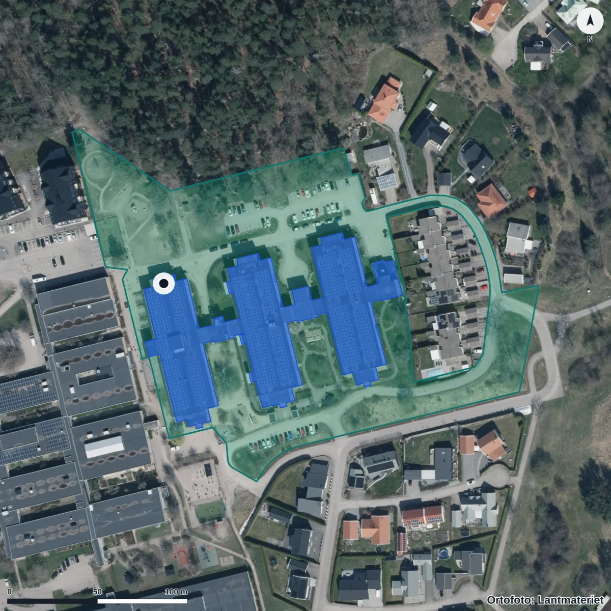 Flygbild över Hagabergs Förskola, ortofoto från Lantmäteriet