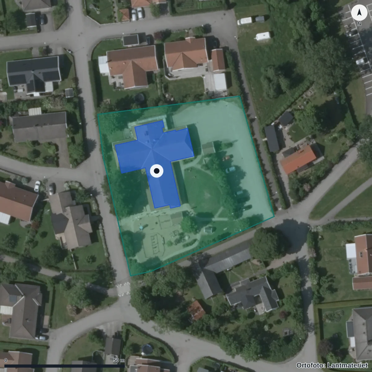 Flygbild över Nedregårdens Förskola, ortofoto från Lantmäteriet