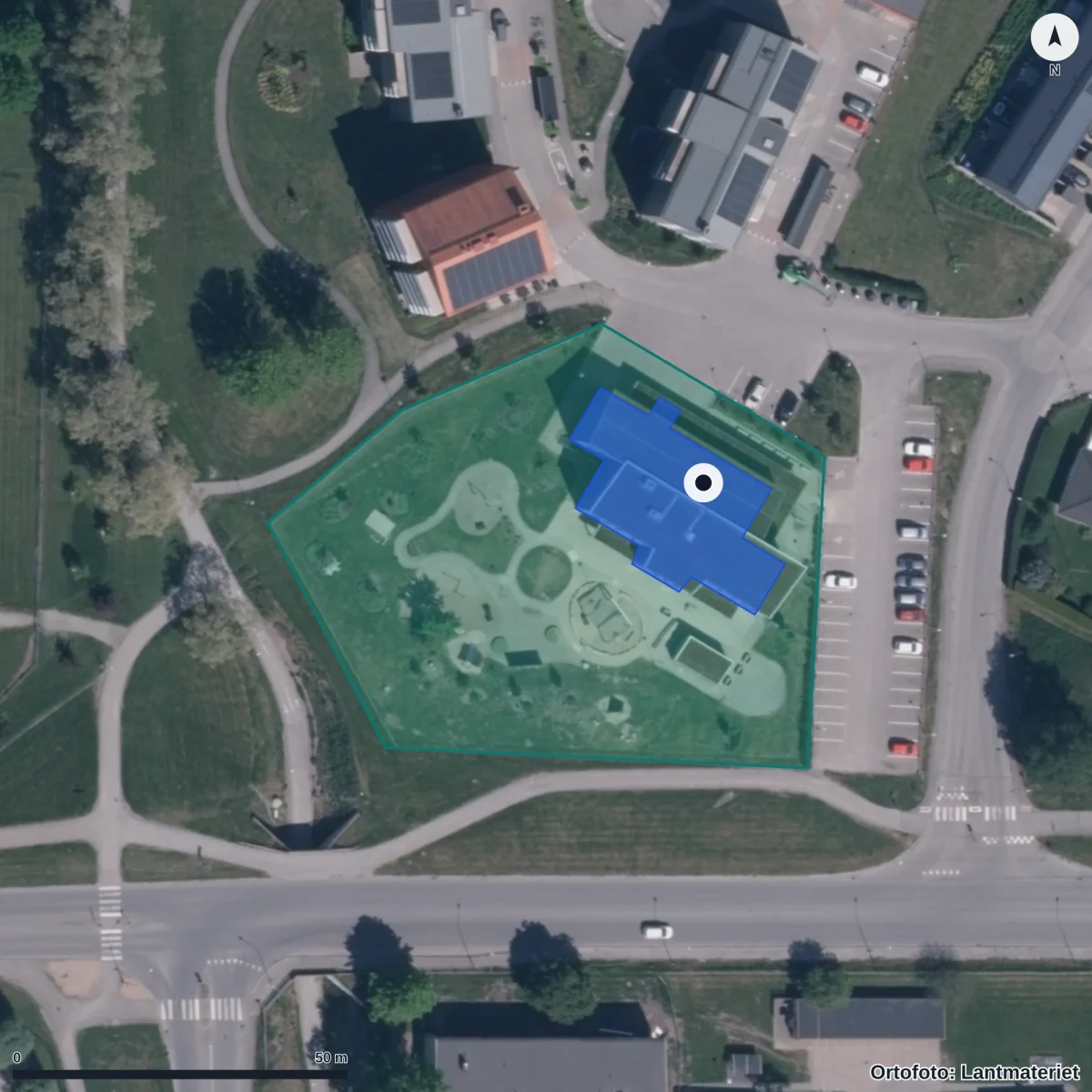 Flygbild över Gulsparvens Förskola, ortofoto från Lantmäteriet